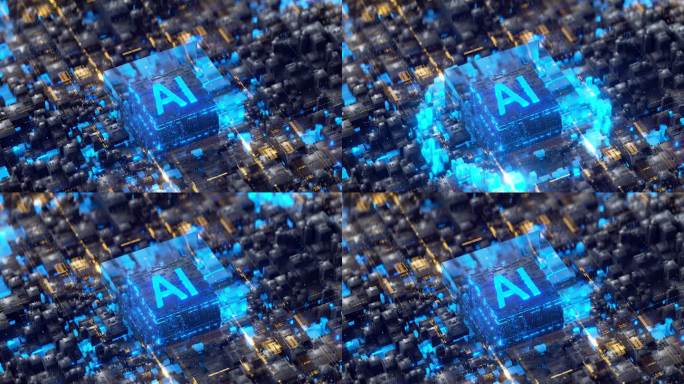 AI科技感芯片电路与方块扩散3D渲染