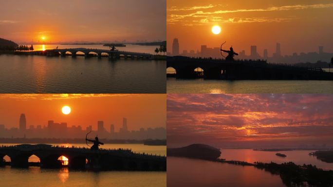 武汉东湖清河桥养由基射日夕阳晚霞航拍