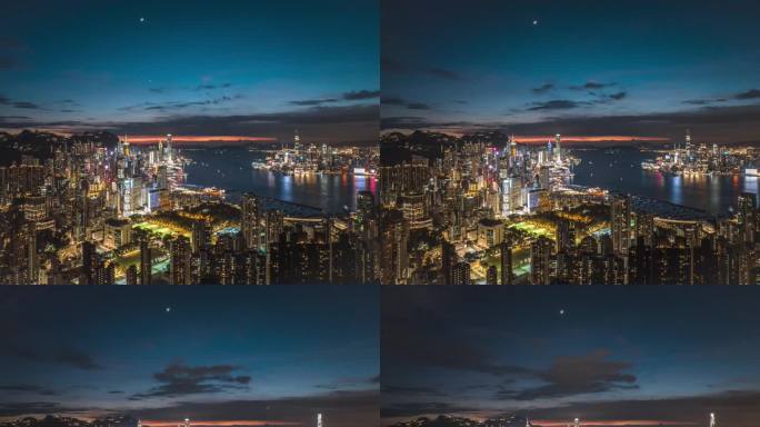 香港维多利亚港夜景航拍延时