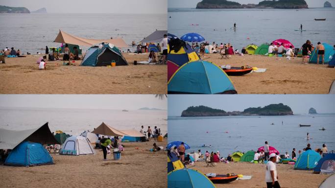 4K大连海滩海边付家庄露营帐篷