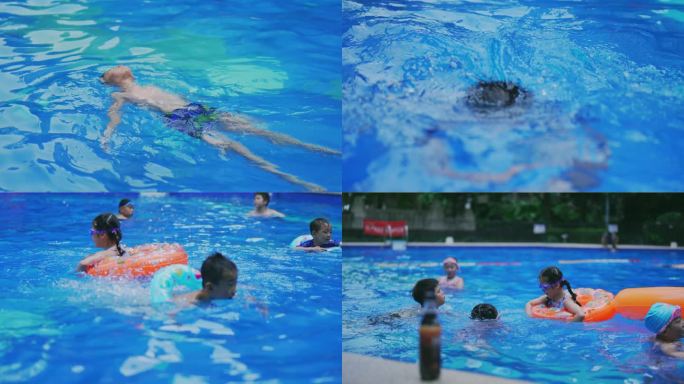露天游泳池儿童游泳玩耍