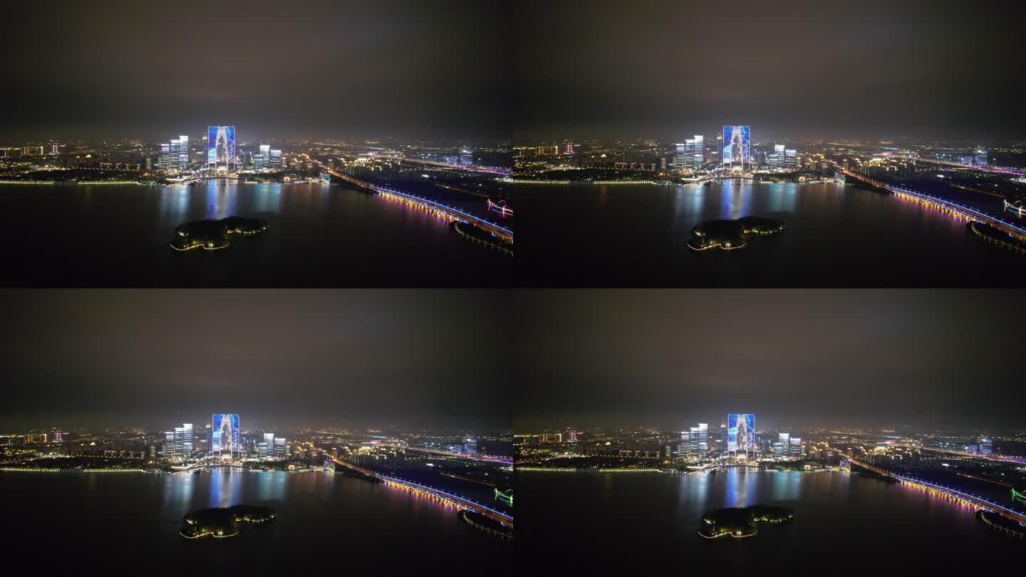 苏州工业园区国金中心苏州之门夜景灯光航拍