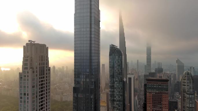 城市航拍纽约曼哈顿摩天大楼日出城市天际线