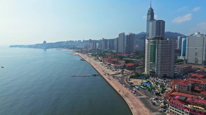 烟台城区烟台山海边航拍