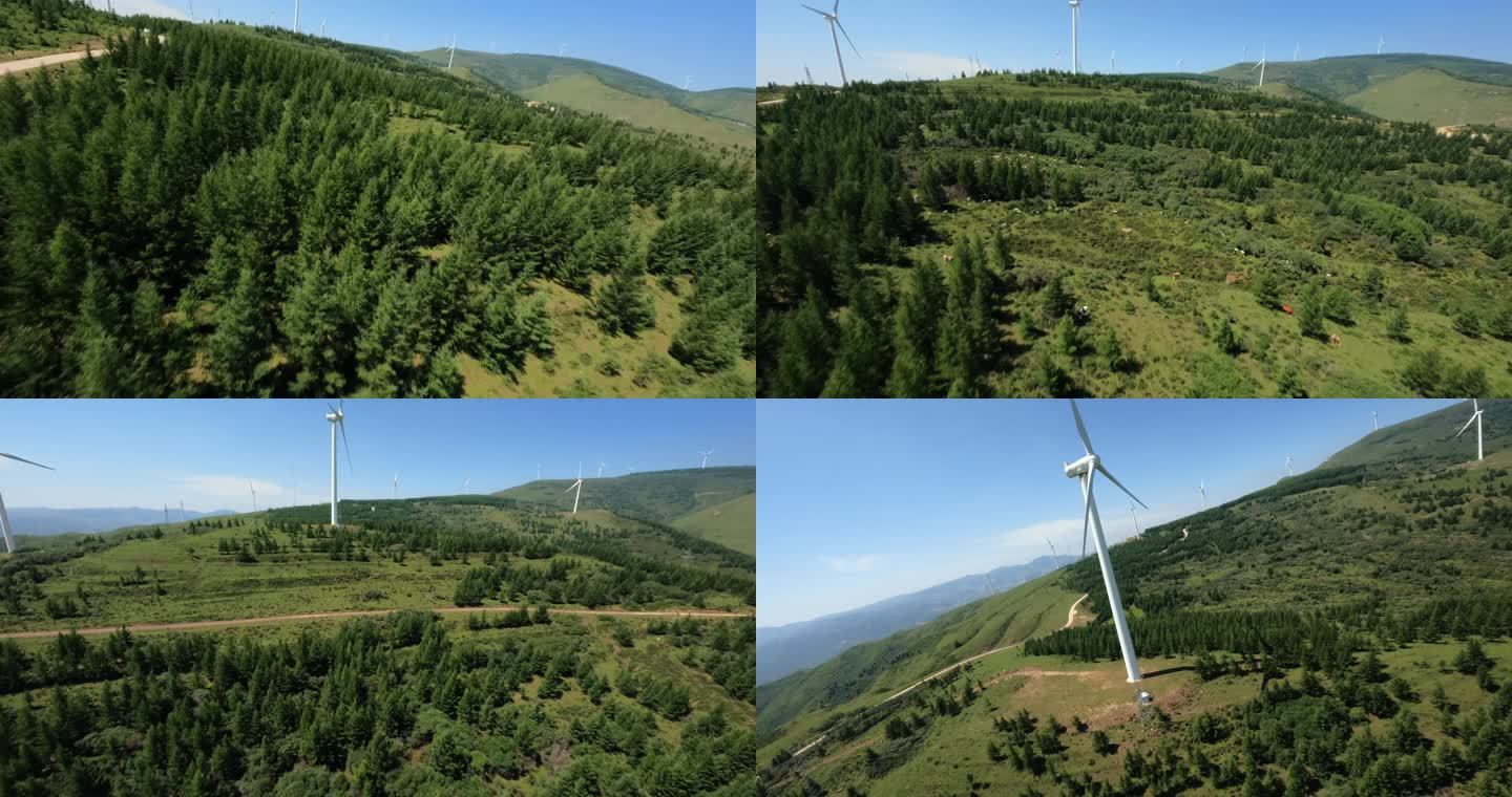 FPV拍摄在高山草原森林的风车