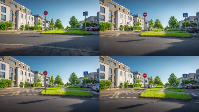 城市街道与现代公寓建筑在德国起重机拍摄
