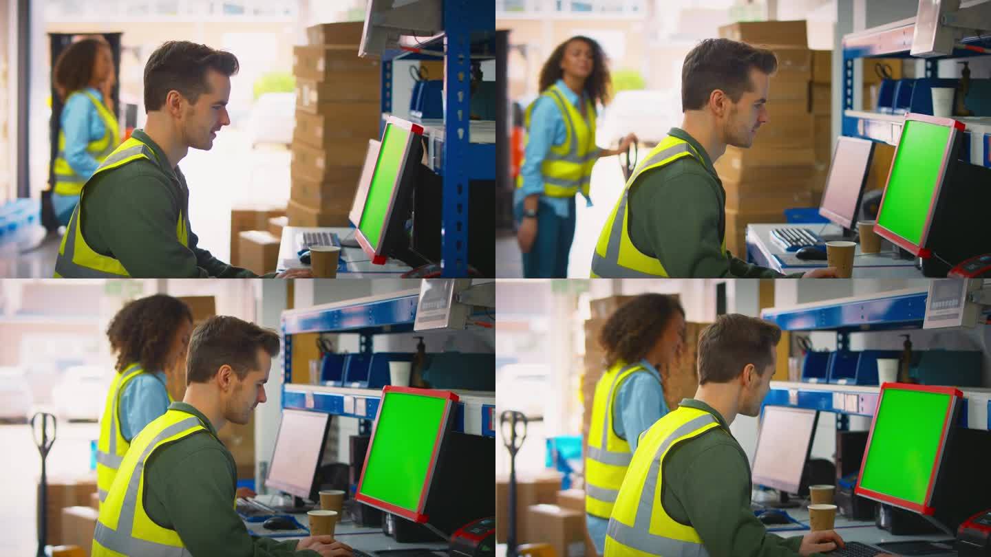 配货仓库中使用电脑终端和搬运箱子的男女工人