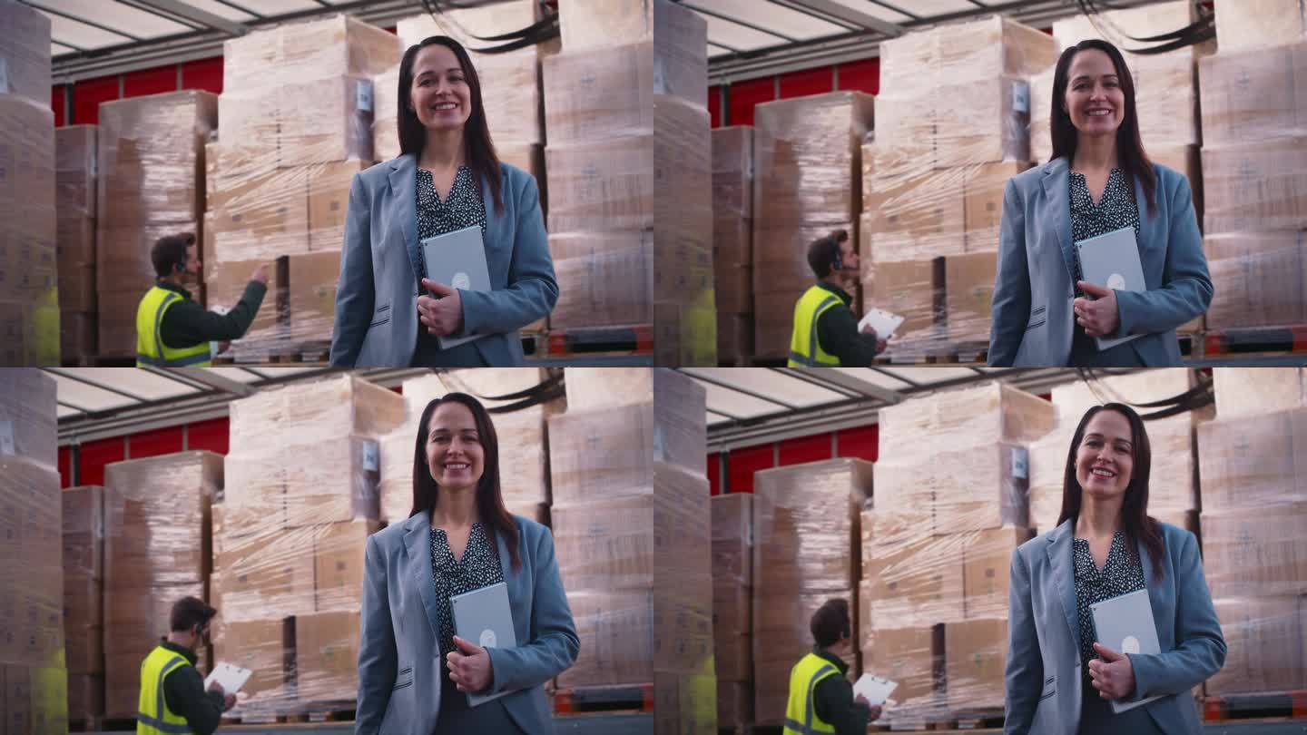 微笑的女货运经理站在装满箱子的卡车旁