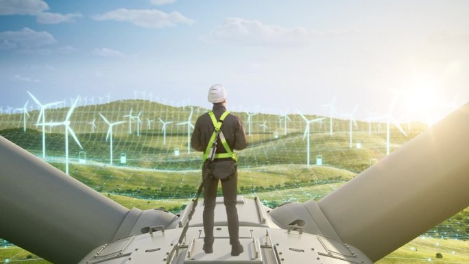 白人男性绿色能源工程师在风力涡轮机上使用笔记本电脑。一名男子正在检查一个工业风电场。可持续能源正在产
