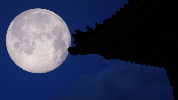 一轮明月月亮月光月色房檐屋檐宽屏超宽屏