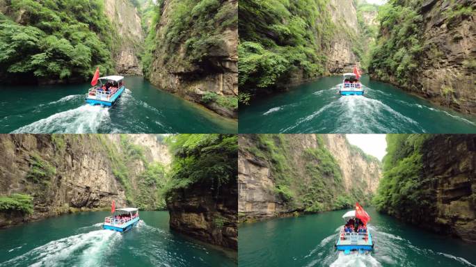 FPV拍摄八泉峡游船穿越峡谷跟随