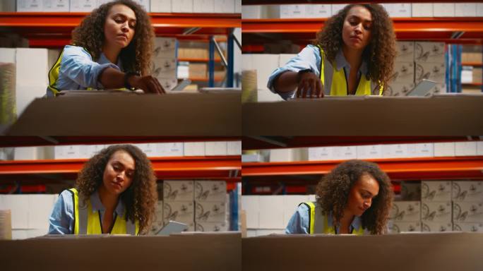 女工在仓库里用数码平板电脑查看货架上箱子上的库存信息