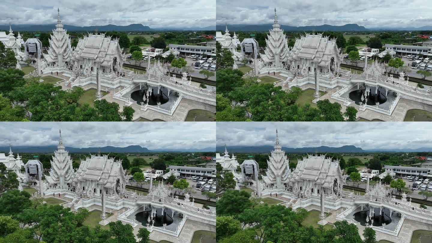 航拍泰国清莱白庙城市建筑风光