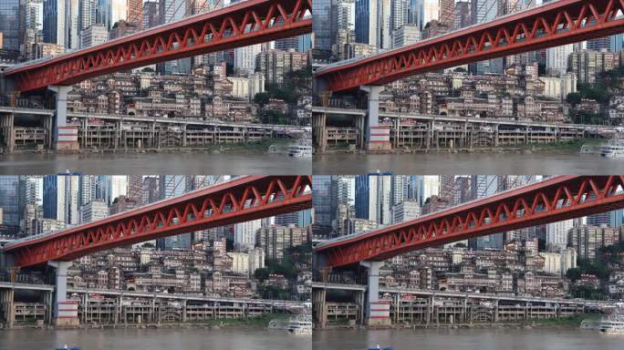 重庆洪崖洞前面的大桥和游轮延时视频