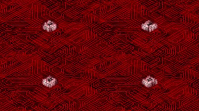 红色三维计算机芯片与连接和信号。计算机处理器背景。主板电路图案背景