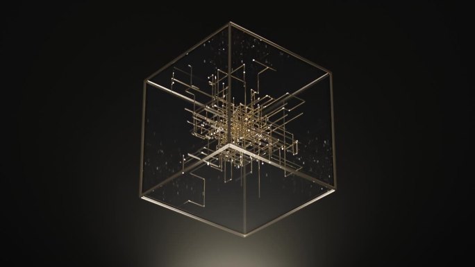 一个抽象的金色立方体在黑色的背景上，在动态装置的风格