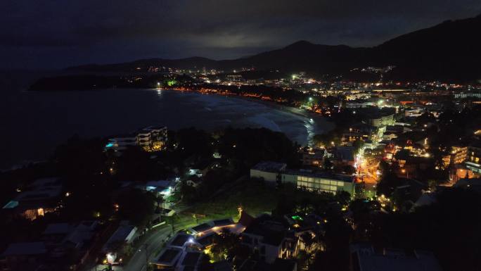 航拍泰国普吉岛卡塔海滩城市夜景风光