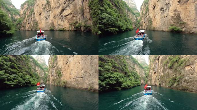 FPV拍摄八泉峡游船穿越峡谷跟拍