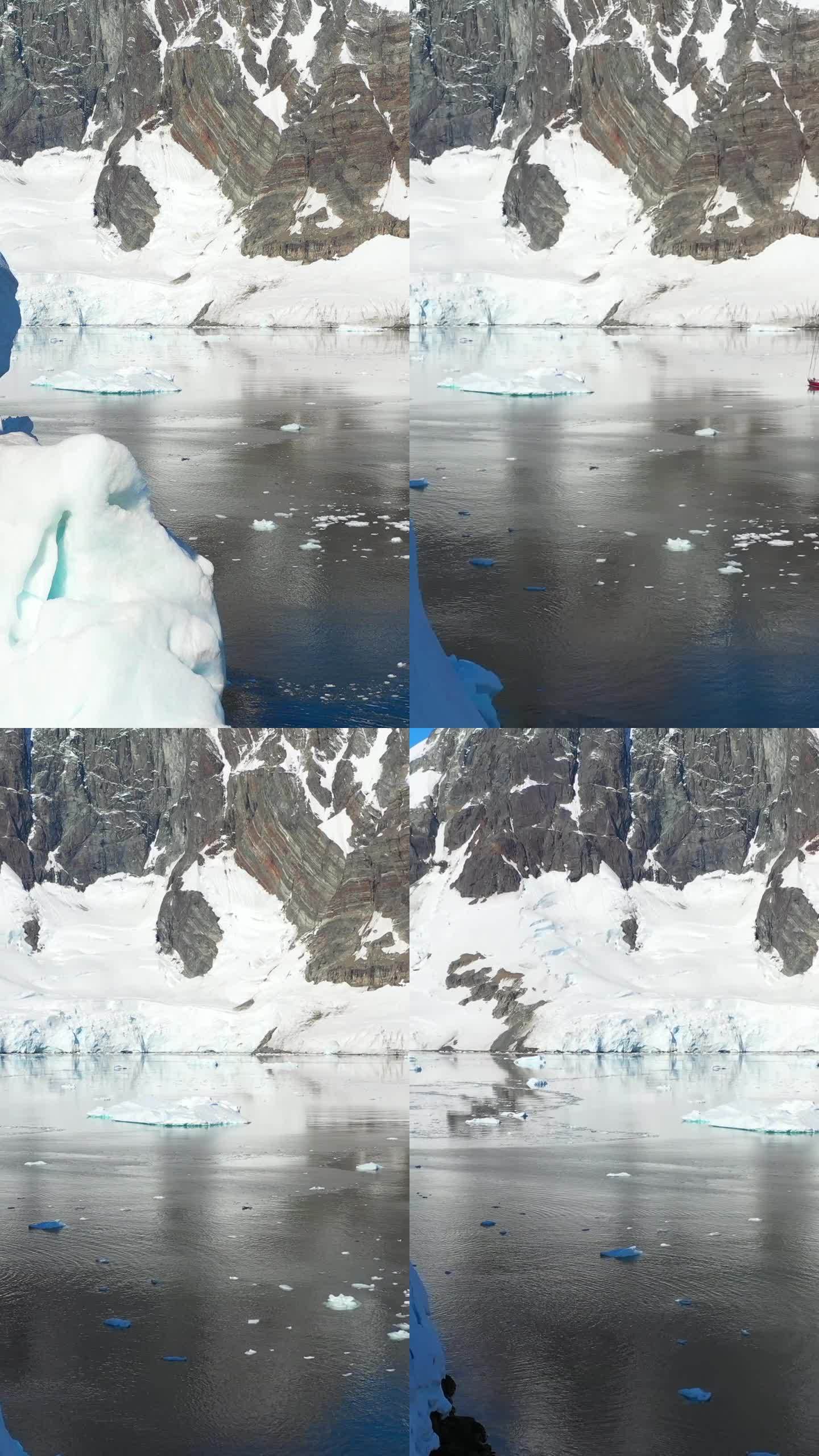 垂直视频雪山，冰，雪，冰山，南极海洋。