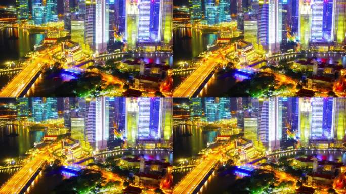 金融区。新加坡五颜六色灯火通明美丽的夜景
