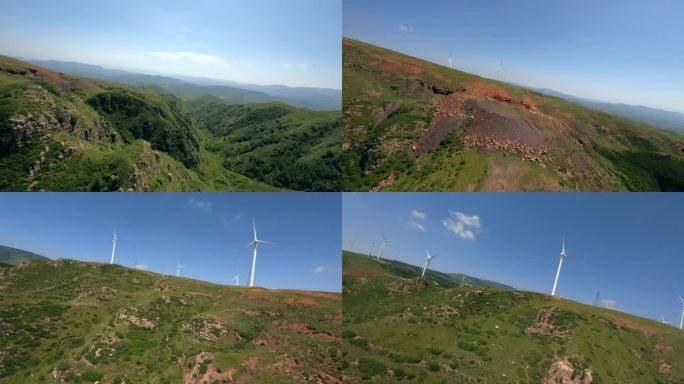 FPV拍摄在充满风车的山谷中漫游