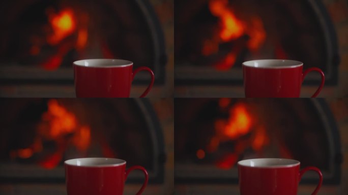一杯以燃烧着火焰的壁炉为背景的咖啡