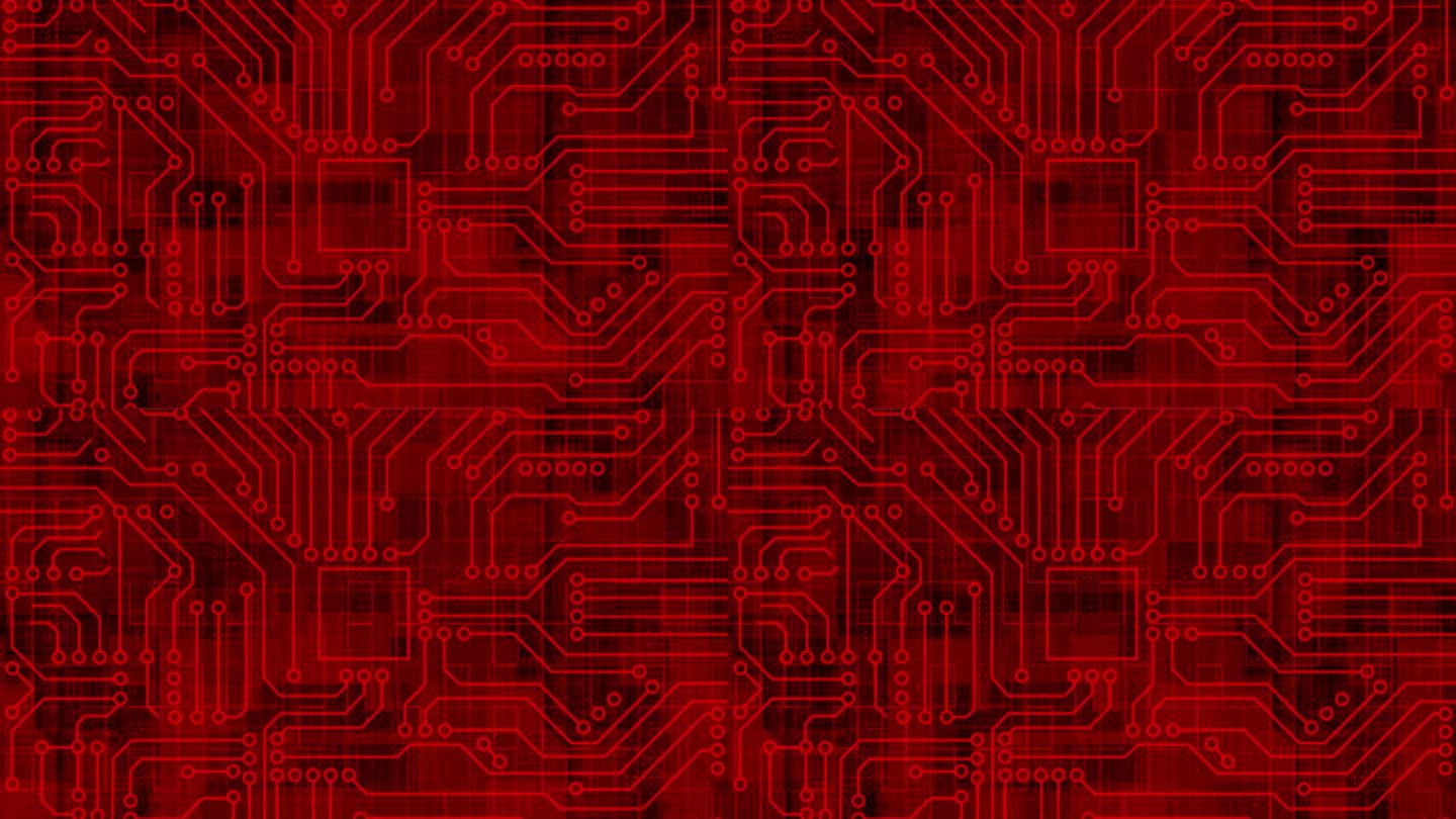 带有连接和信号的红色计算机芯片。AI计算机处理器背景。主板电路图案背景