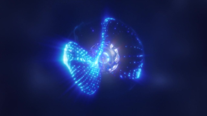 抽象能量球与飞行发光明亮的蓝色粒子，科学未来原子与电子高科技背景