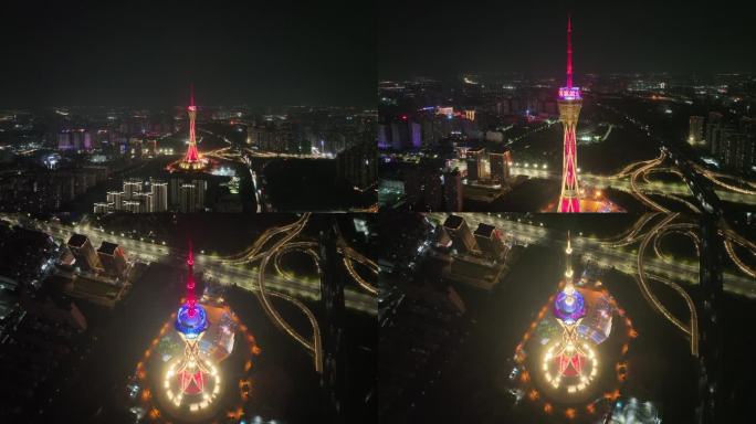 河南郑州中原福塔夜景4K航拍