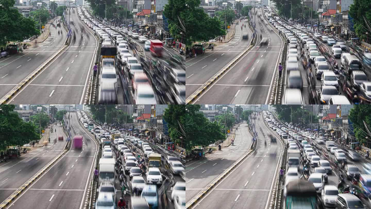 印尼雅加达早晨交通堵塞的时间特写