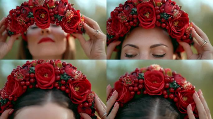 一名乌克兰妇女头上戴着用红花和豆荚制成的花环。她很喜欢自己的传统头饰。