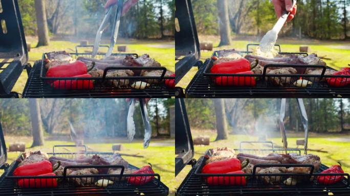 把美味的西葫芦，香肠，在燃烧的烤架上相遇。近距离动态拍摄美味的食物油炸和烟熏在木炭烤架。在户外享受美