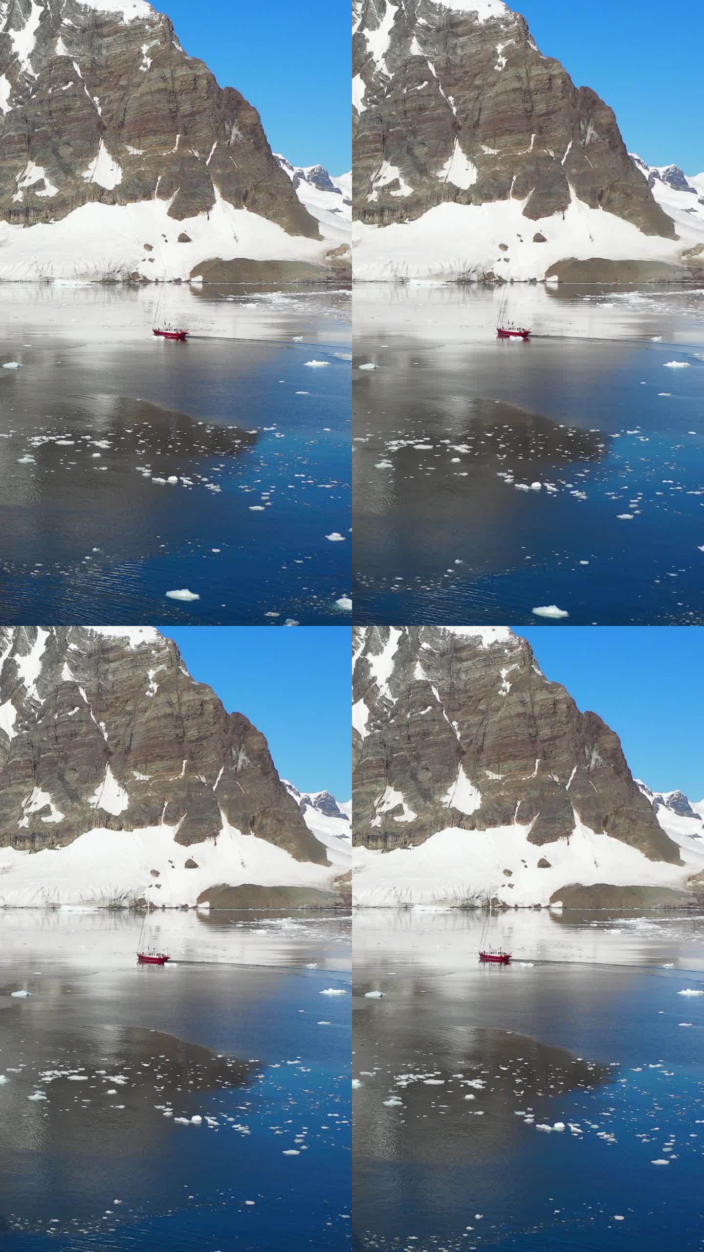 南极雪山附近独船垂直视频导航。
