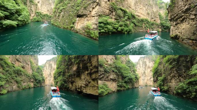 FPV拍摄八泉峡游船在峡谷中穿梭前进