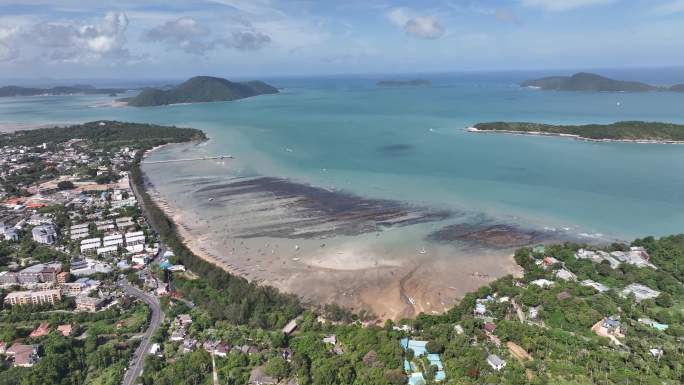 航拍泰国普吉岛拉威海滩海滨公路风光