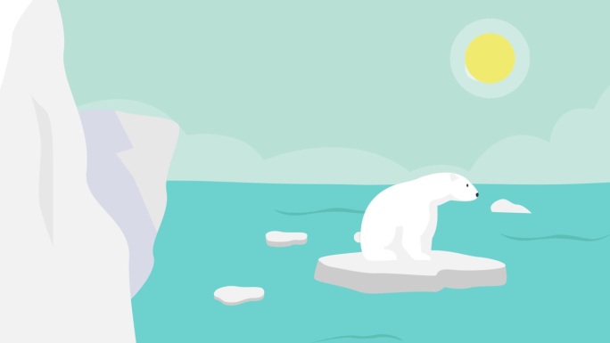北极熊站在融化的冰川上的卡通动画4k视频
