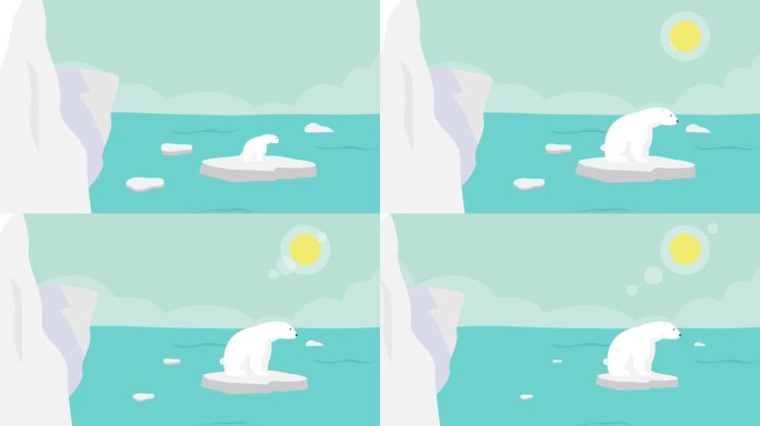 北极熊站在融化的冰川上的卡通动画4k视频