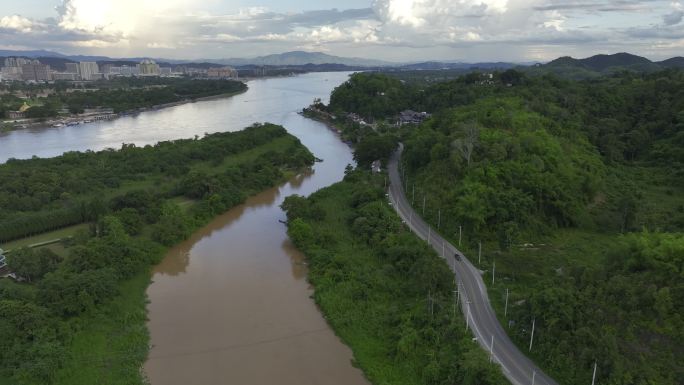 HDR泰国缅甸金三角湄公河边境公路航拍