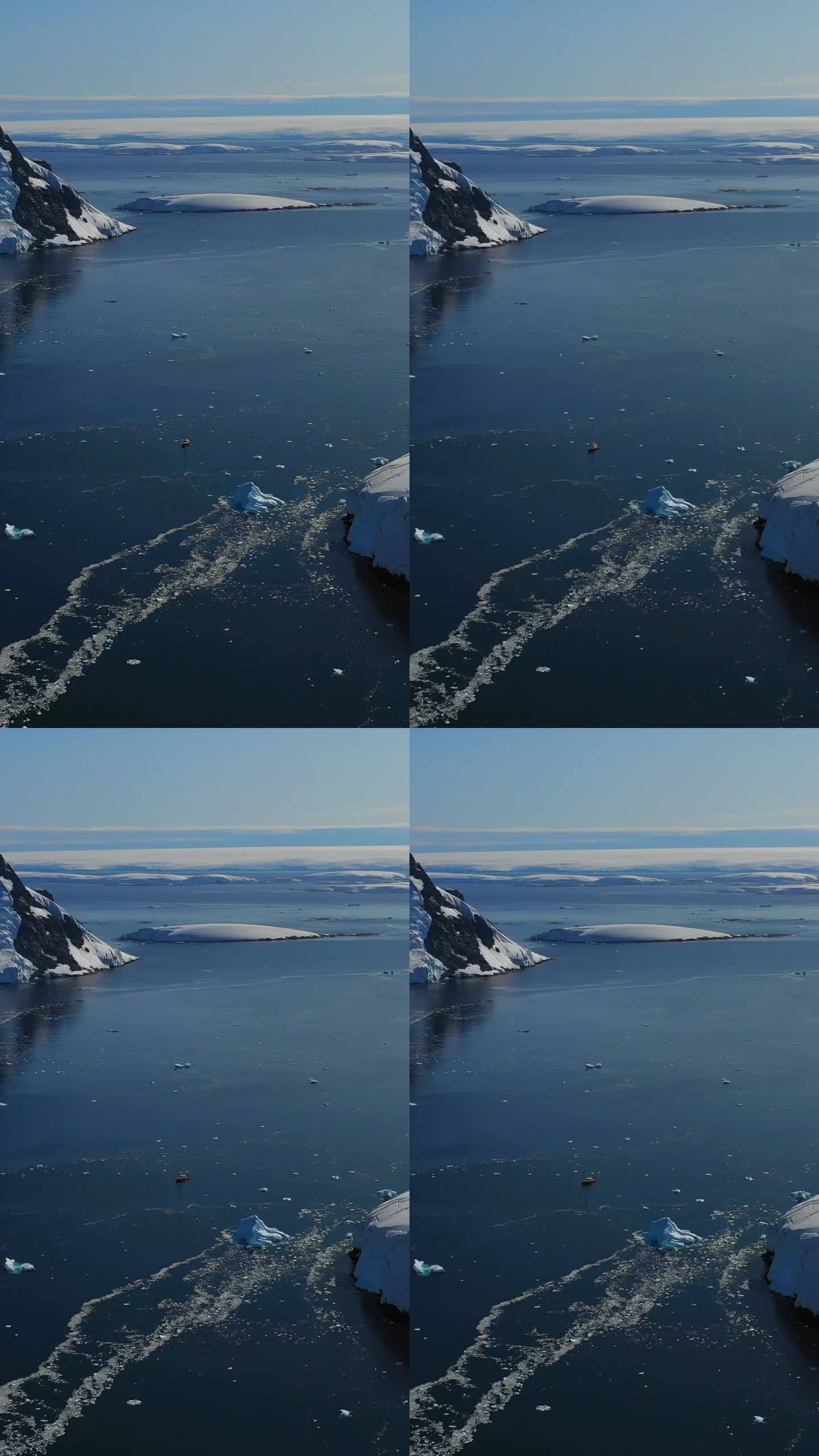 垂直视频鸟瞰图的船只在南极的南极海洋。