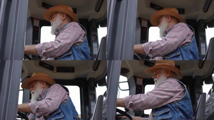 侧视图大胡子老头坐在拖拉机驾驶室里转动方向盘。集中严肃的农民在户外驾驶着农业收割机。