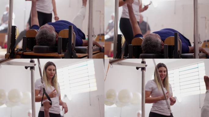 使用普拉提机的人，由普拉提女教练指导，理疗工作室，脊柱健康锻炼