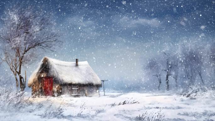 冬天大雪银装素裹野外茅屋北风吹场景