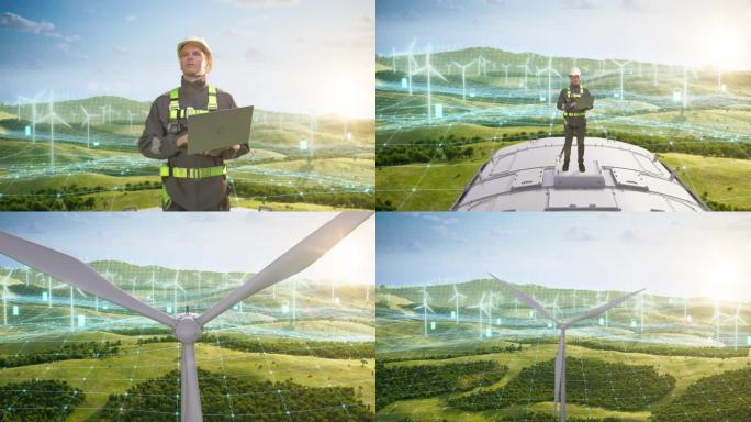 白人男性绿色能源工程师在风力涡轮机上使用笔记本电脑。男子视察工业风电场。可持续能源产生的三维动画可视