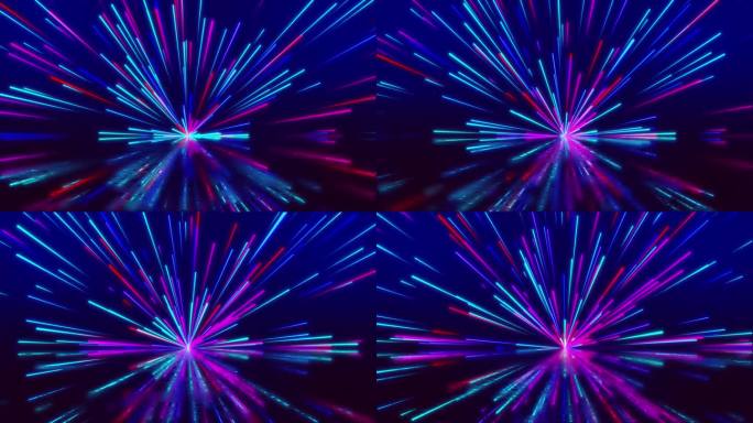 4K 3d通过发光的霓虹灯线隧道，紫色光谱，荧光紫外线，