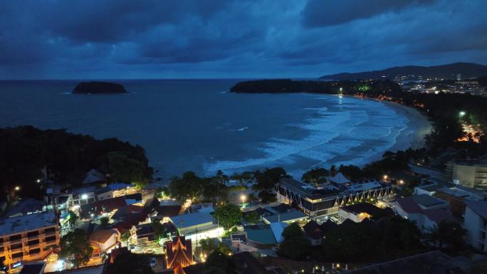 航拍泰国普吉岛卡塔海滩城市夜景风光