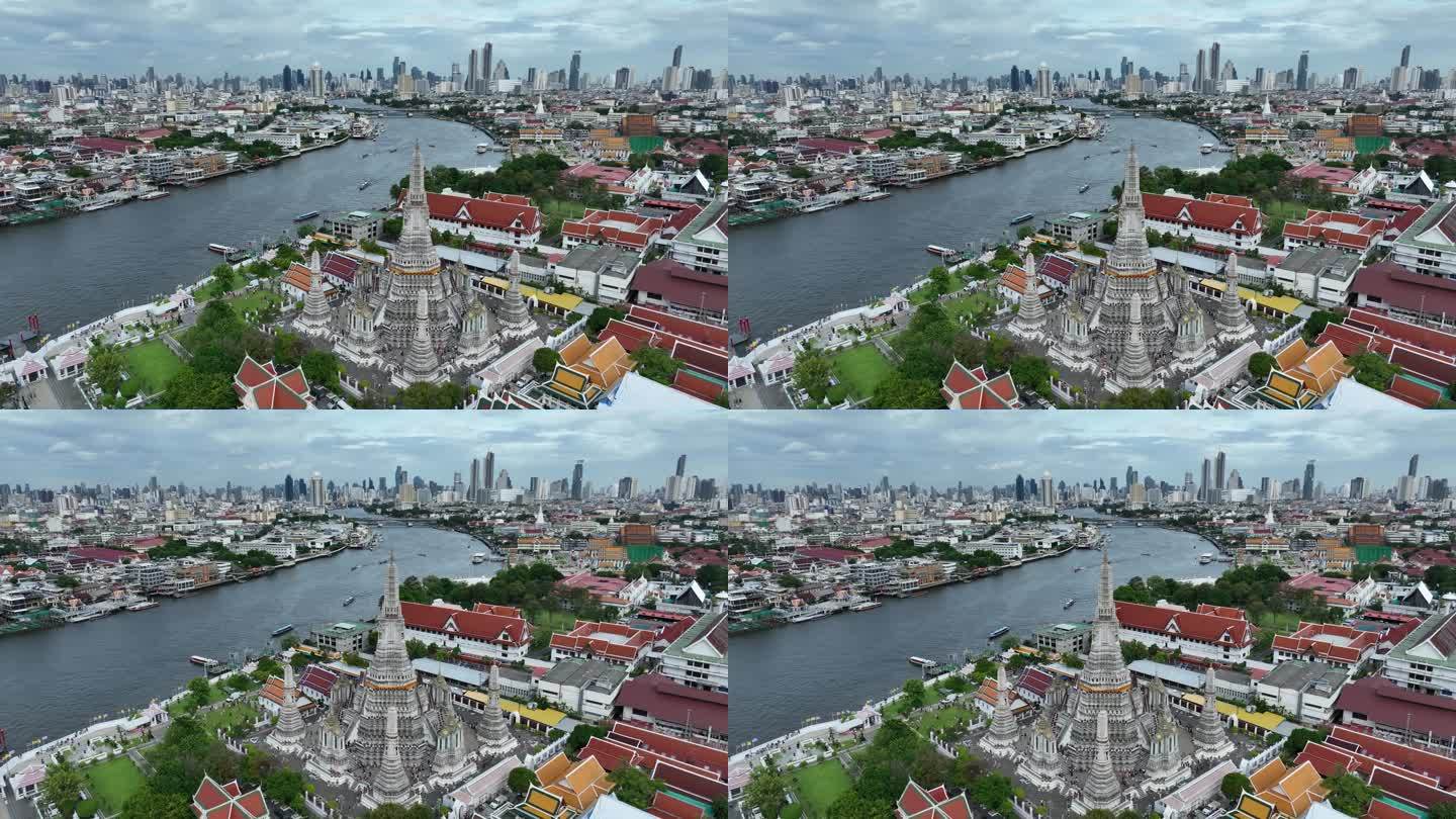 泰国曼谷湄南河郑王庙城市地标航拍风光