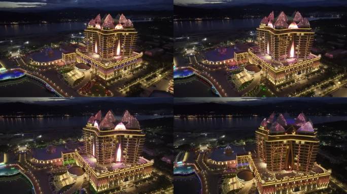 老挝金三角湄公河木棉之星酒店城市夜景航拍