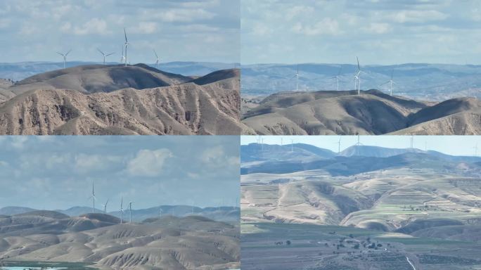 高原戈壁滩上的大风扇风力发电
