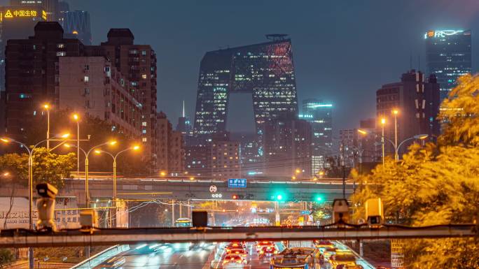 北京央视大楼夜景车流延时