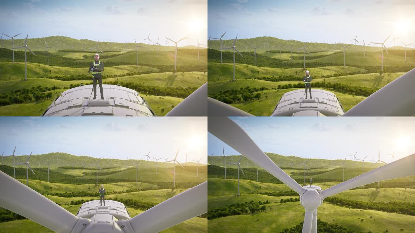 白人男性维修工程师在风力发电机上使用笔记本电脑。一名男子视察工业绿色能源风电场。可持续能源生成的三维